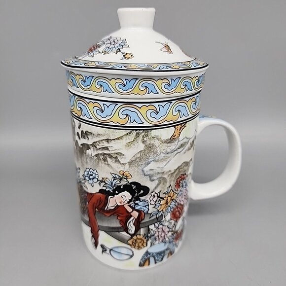 6" Asian Oriental 3 Piece Tea Infuser Mug w/Lid Ceramic Coffee Cup - Picture 1 of 5